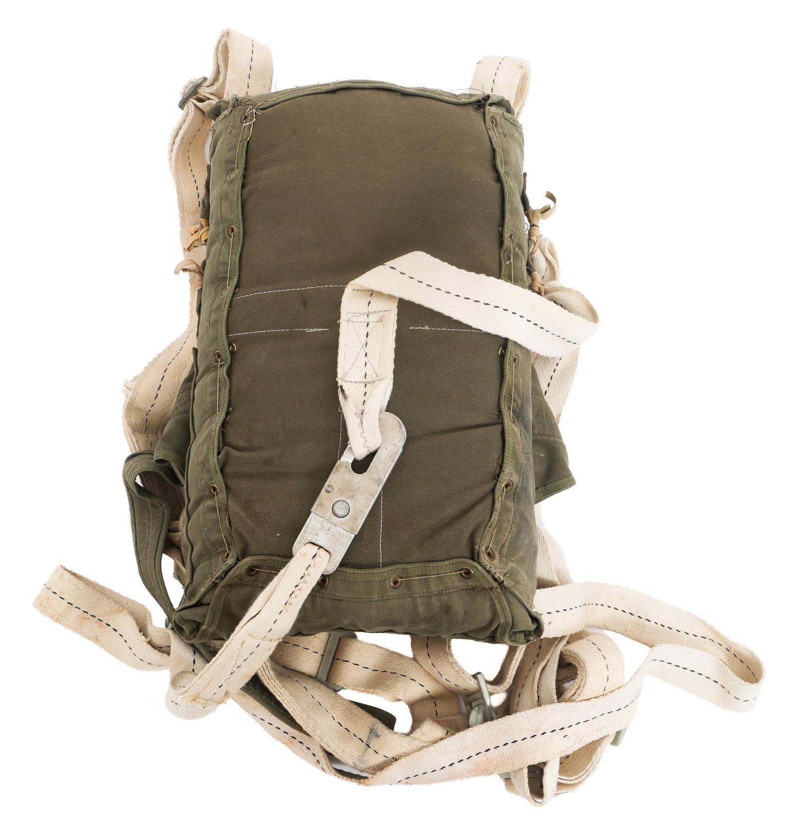 REENACTOR WWII US ARMY T-5A PARACHUTE: REENACTOR WWII US ARMY T-5A PARACHUTE Modern Reenactor WWII US Army Airborne T-5A Parachute Bag. OD3 Canvas with reassembled period and postwar production harness and metal fittings. Harness is