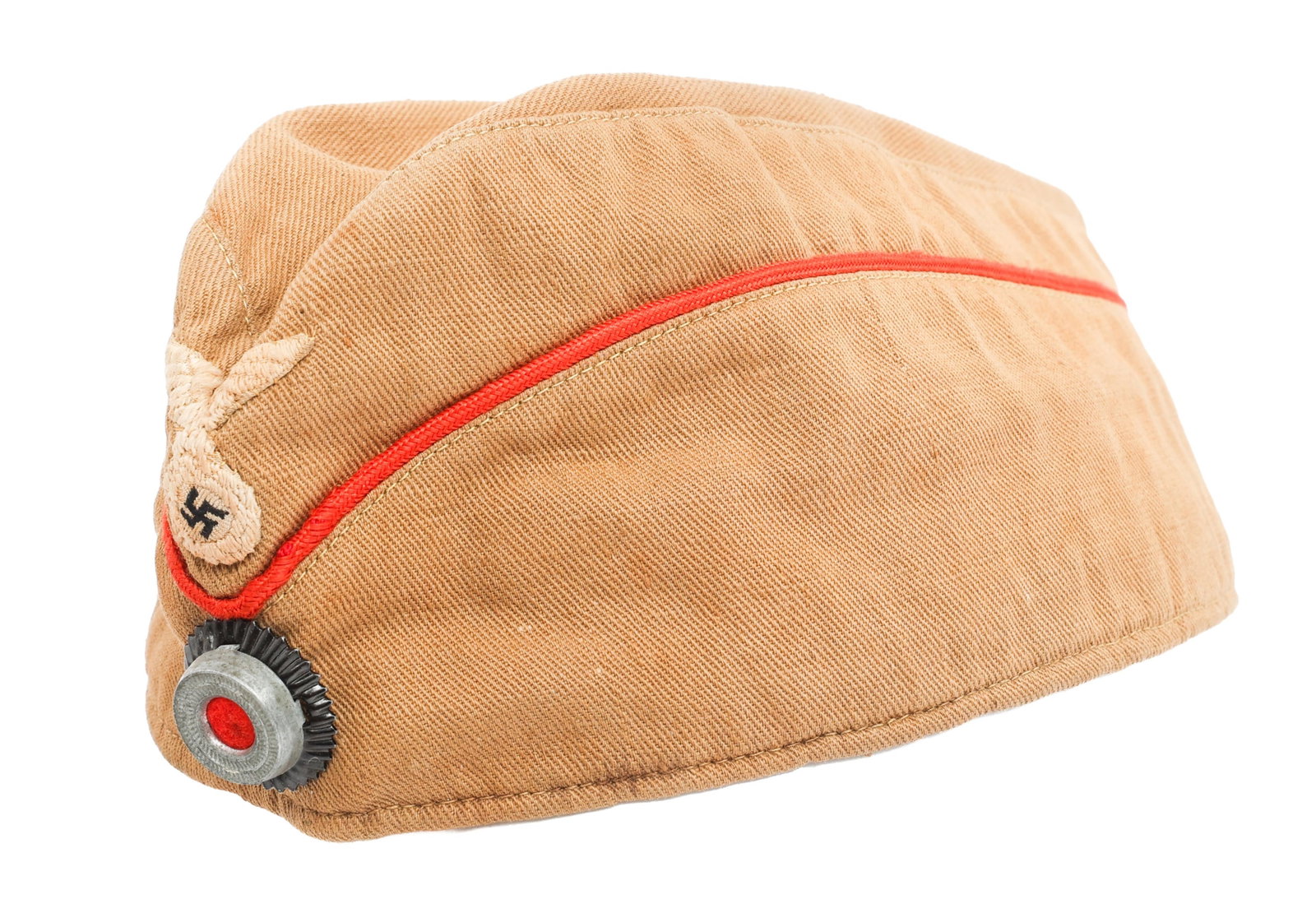 WWII GERMAN HITLER YOUTH GARRISON CAP: WWII GERMAN HITLER YOUTH GARRISON CAP WWII German Hitler Youth Garrison Cap. Khaki cotton with red piping. Embroidered eagle emblem and Heer cockade. Brown leather sweatband. No visible maker marks or