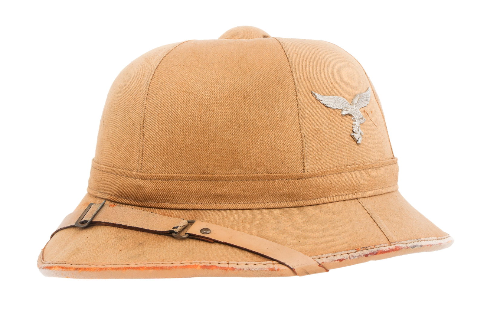 WWII GERMAN LUFTWAFFE TROPICAL PATTERN PITH HELMET: WWII GERMAN LUFTWAFFE TROPICAL PATTERN PITH HELMET WWII German Luftwaffe Tropical Pattern Pith Helmet. Khaki cotton twill covered cork. Luftwaffe eagle and national tri-color shield on the sides. Leat