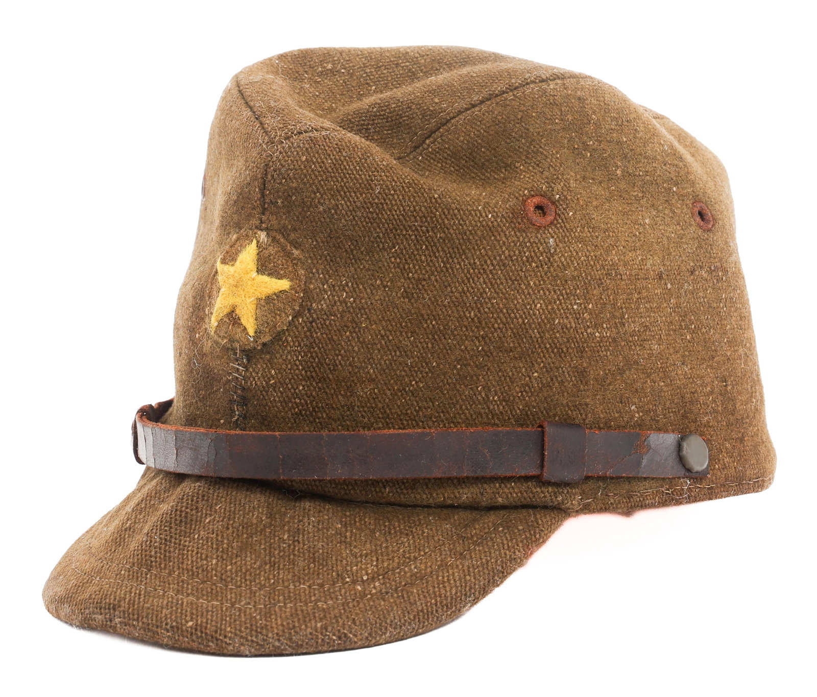WWII IMPERIAL JAPANESE ARMY OFFICER FIELD CAP: WWII IMPERIAL JAPANESE ARMY OFFICER FIELD CAP WWII Imperial Japanese Army Officer Field Cap. Wool with stitched frontal IJA star insignia. Leather sweatband and chinstrap. Kanji stamped inside.