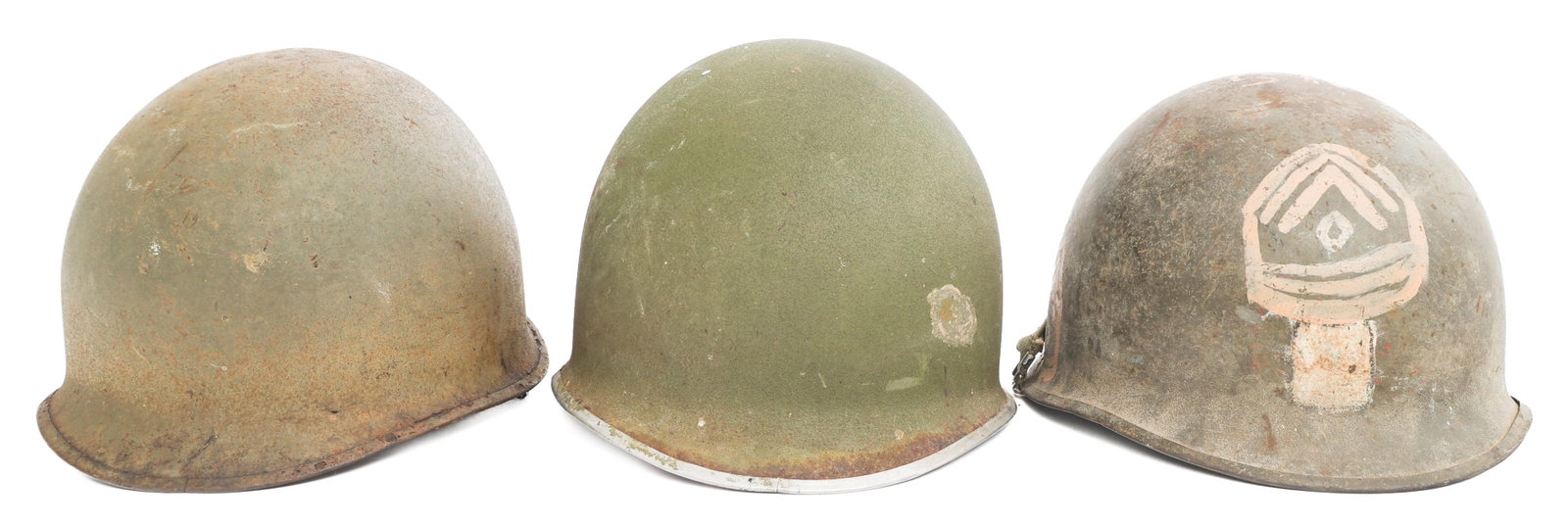 VIETNAM WAR US ARMY M1 COMBAT HELMETS: VIETNAM WAR US ARMY M1 COMBAT HELMETS Vietnam War US Army M1 Combat Helmets. (1) M1. Front seam, swivel bales, and chinstrap. Heat stamped 8593 on rim. Liner with painted black triangular washers,