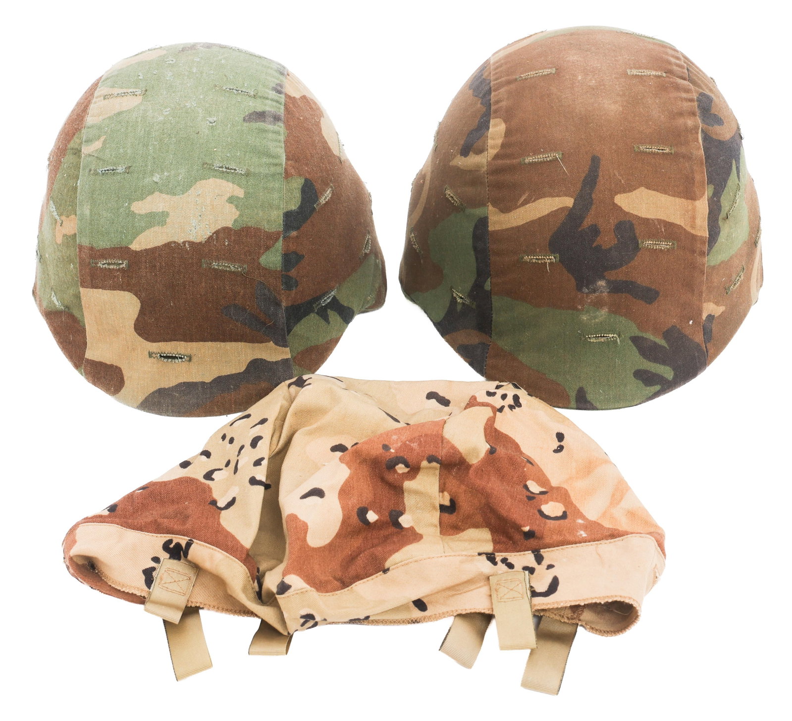 DESERT STORM US PASGT COMBAT HELMETS WITH COVERS: DESERT STORM US PASGT COMBAT HELMETS WITH COVERS US PASGT Combat Helmets with Covers. Woodland camouflage covers. Both have liners. Includes one additional chocolate chip camouflage cover.
