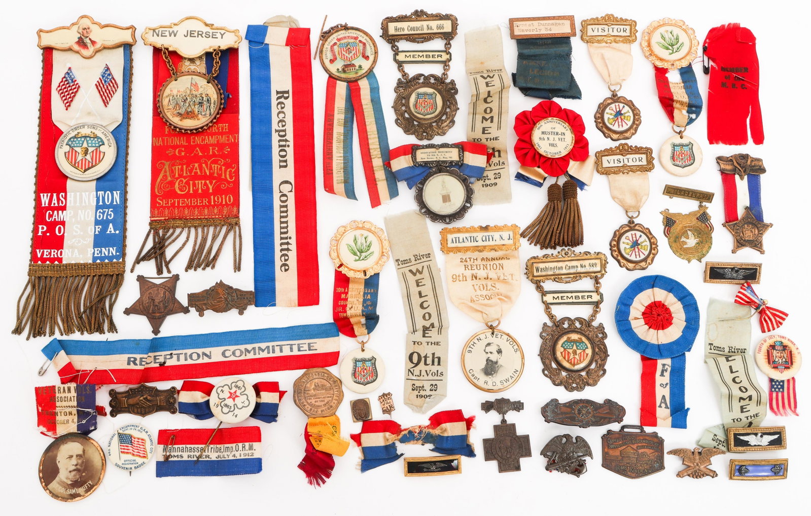 EARLY 20th C. US AL & VETERAN REUNION BADGES: EARLY 20th C. US AL & VETERAN REUNION BADGES Early 20th Century US American Legion and Other Veteran Groups Reunion Badges and Ribbon Medals. Includes 9th New Jersey 24th Reunion Badge dated