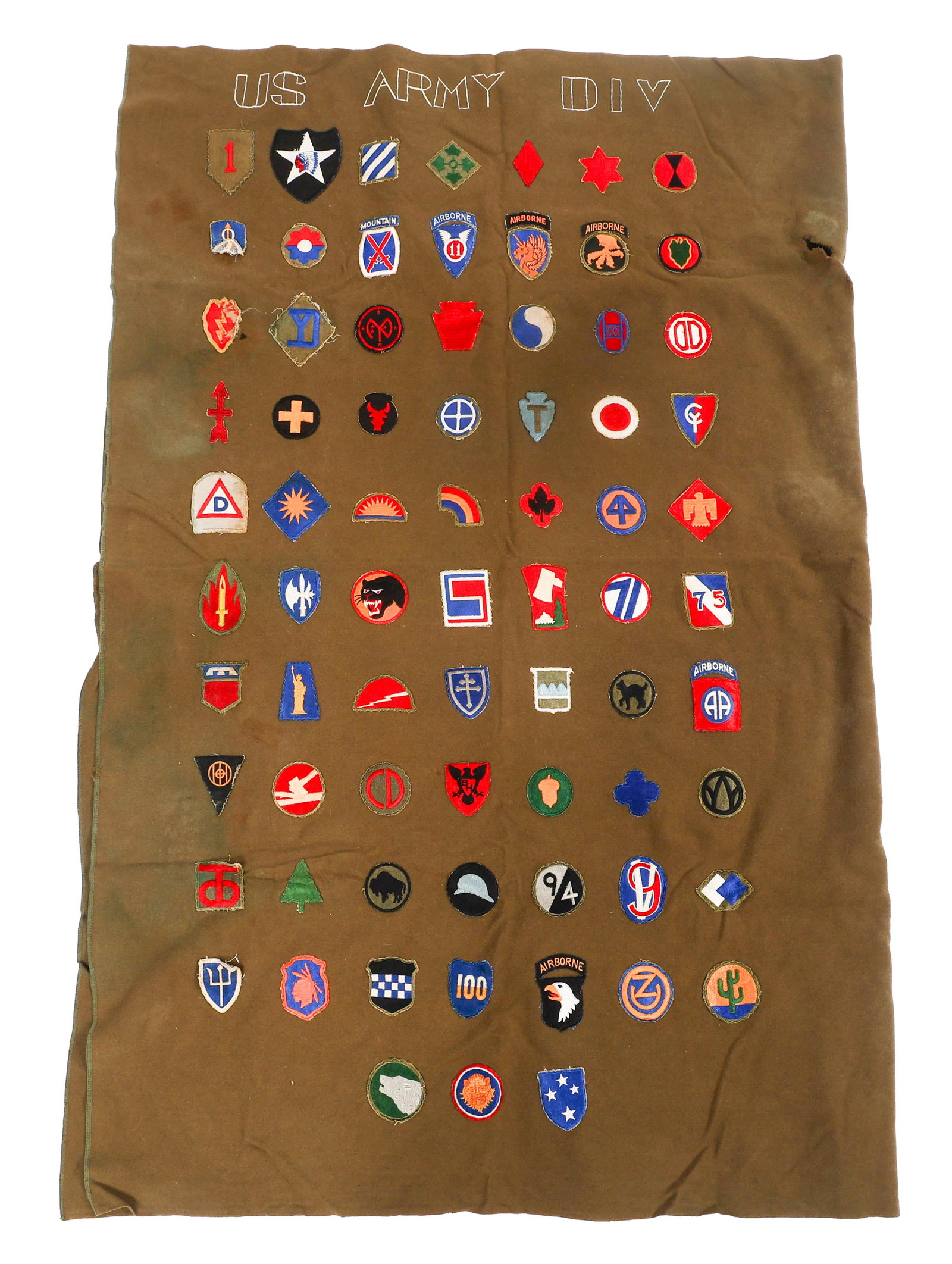 WWII - COLD WAR US ARMY CUSTOM PATCH BLANKET: WWII - COLD WAR US ARMY CUSTOM PATCH BLANKET WWII - Cold War US Armed Forces Custom Patch Blanket. OD green wool blanket. Patches include 1st Infantry, 2nd Infantry, 9th Infantry, 30th Infantry, Tank 