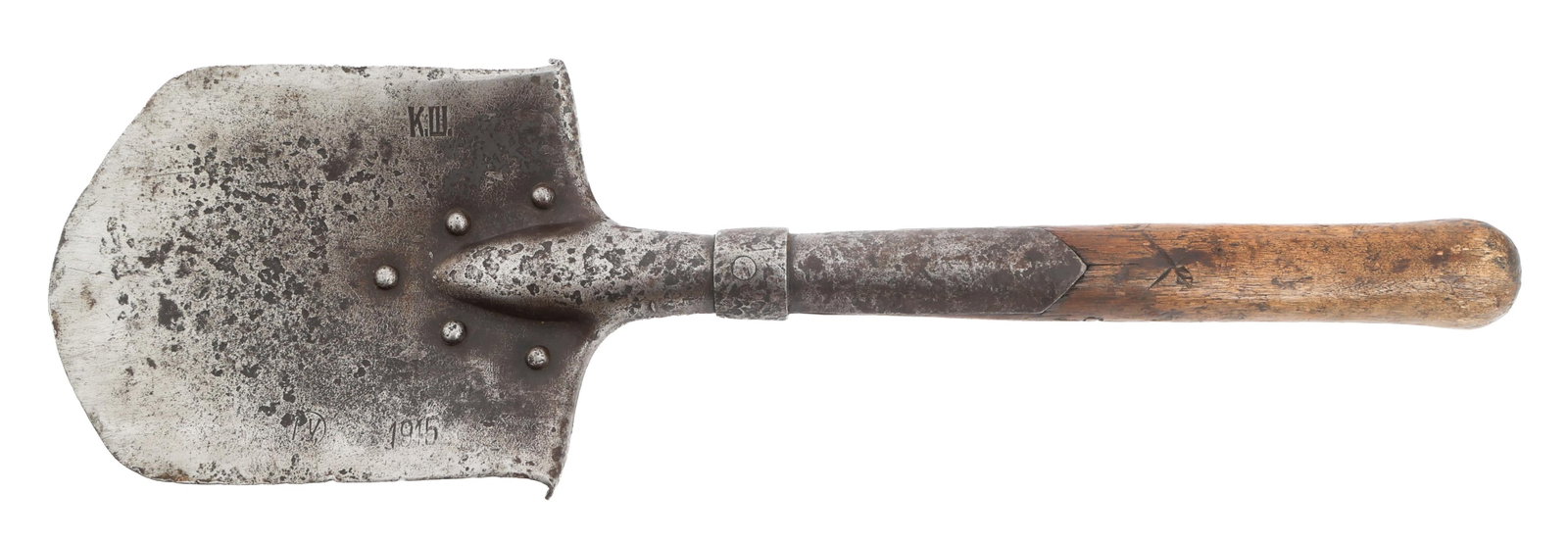 WWI IMPERIAL RUSSIAN MPL-50 ENTRENCHMENT SHOVEL: WWI IMPERIAL RUSSIAN MPL-50 ENTRENCHMENT SHOVEL WWI Imperial Russian MPL-50 Entrenchment Shovel. Stamped K.W. and I. V. on head. Dated 1915. Head length: 7 1/2". Total length: 20".