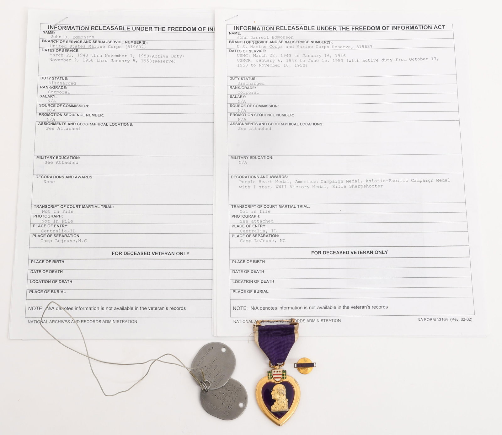 WWII USMC 5th MARINE DIV. ATTRIBUTED PURPLE HEART (1 of 14)
