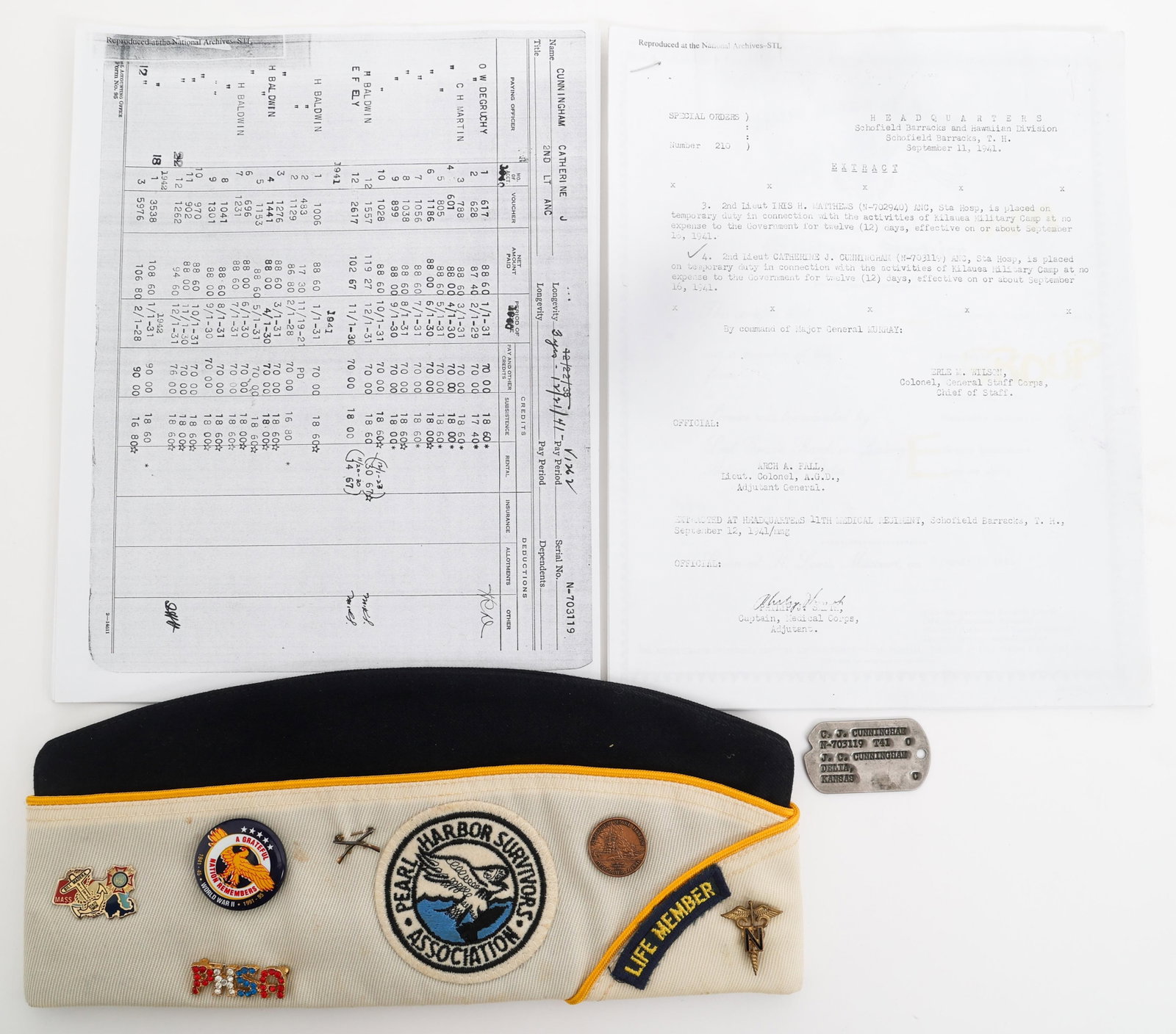 WWII US ARMY NURSE PEARL HARBOR SURVIVOR GROUP: WWII US ARMY NURSE PEARL HARBOR SURVIVOR GROUP WWII US Army Nurse Corps Pearl Harbor Survivor Dogtags and Documents Archive. Named to 2nd Lieutenant Catherine J. Farrell (n?e Cunningham) N-703119. (1)