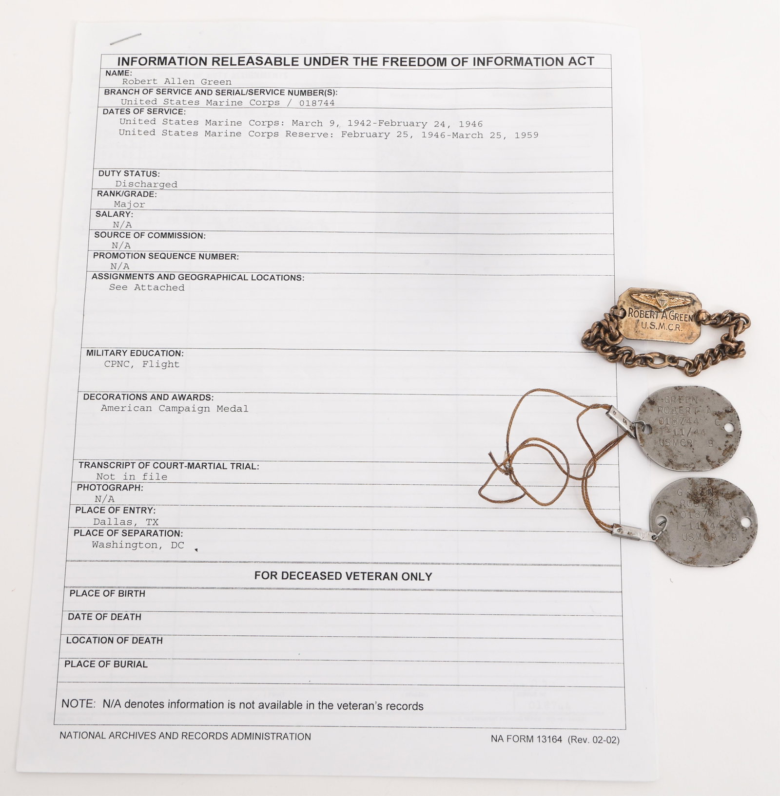 WWII USMC NCO AVIATOR BRACELET GROUP: WWII USMC NCO AVIATOR BRACELET GROUP WWII USMC NCO Aviator Bracelet Group. Named to Major Robert Allen Green 018744. (1) Bracelet. Named to Green. Alloy with aviator wings insignia. (1) Set of dog tag