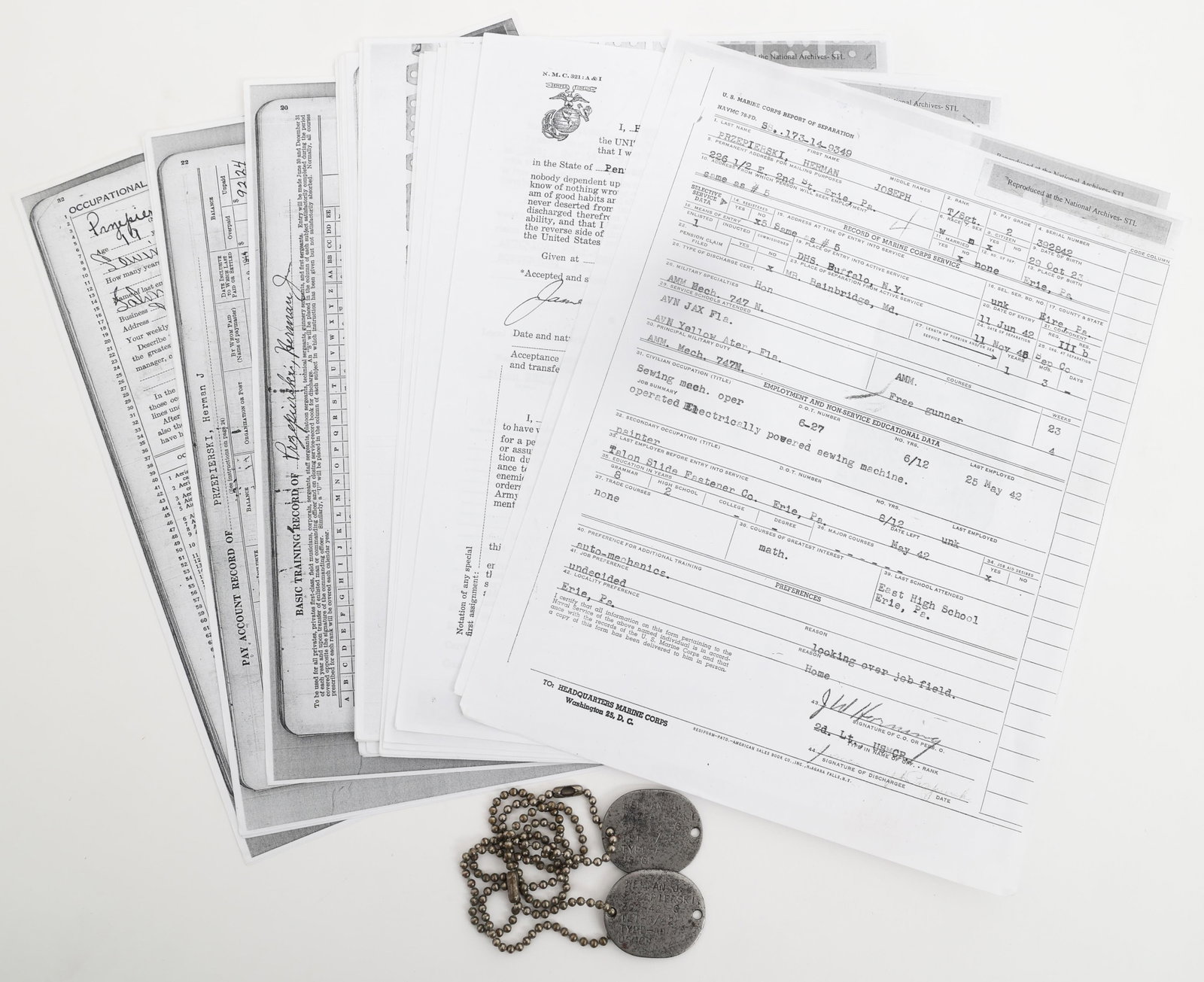 WWII USMC VMJ 353 TECHNICAL SERGEANT GROUP: WWII USMC VMJ 353 TECHNICAL SERGEANT GROUP WWII USMC VMJ 353 Dogtags and Documents Archive. Named to Technical Sergeant Herman Joseph Przepierski 392842. (1) Set of thumbprint dog tags. Named to Przep