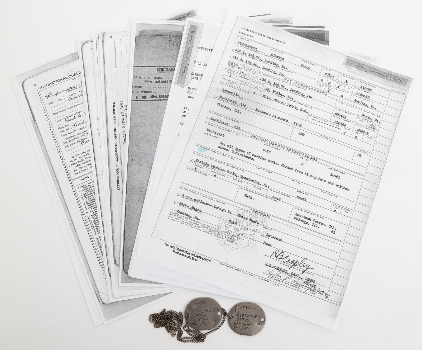 WWII USMC VMR 252 MARIANAS OPERATION ARCHIVE: WWII USMC VMR 252 MARIANAS OPERATION ARCHIVE WWII USMC VMR 252 Marianas Operation Archive. Named to Technical Sergeant Clayton Leroy Reifsnyder 325792. (1) Set of dog tags. Named to Reifsnyder. Includ