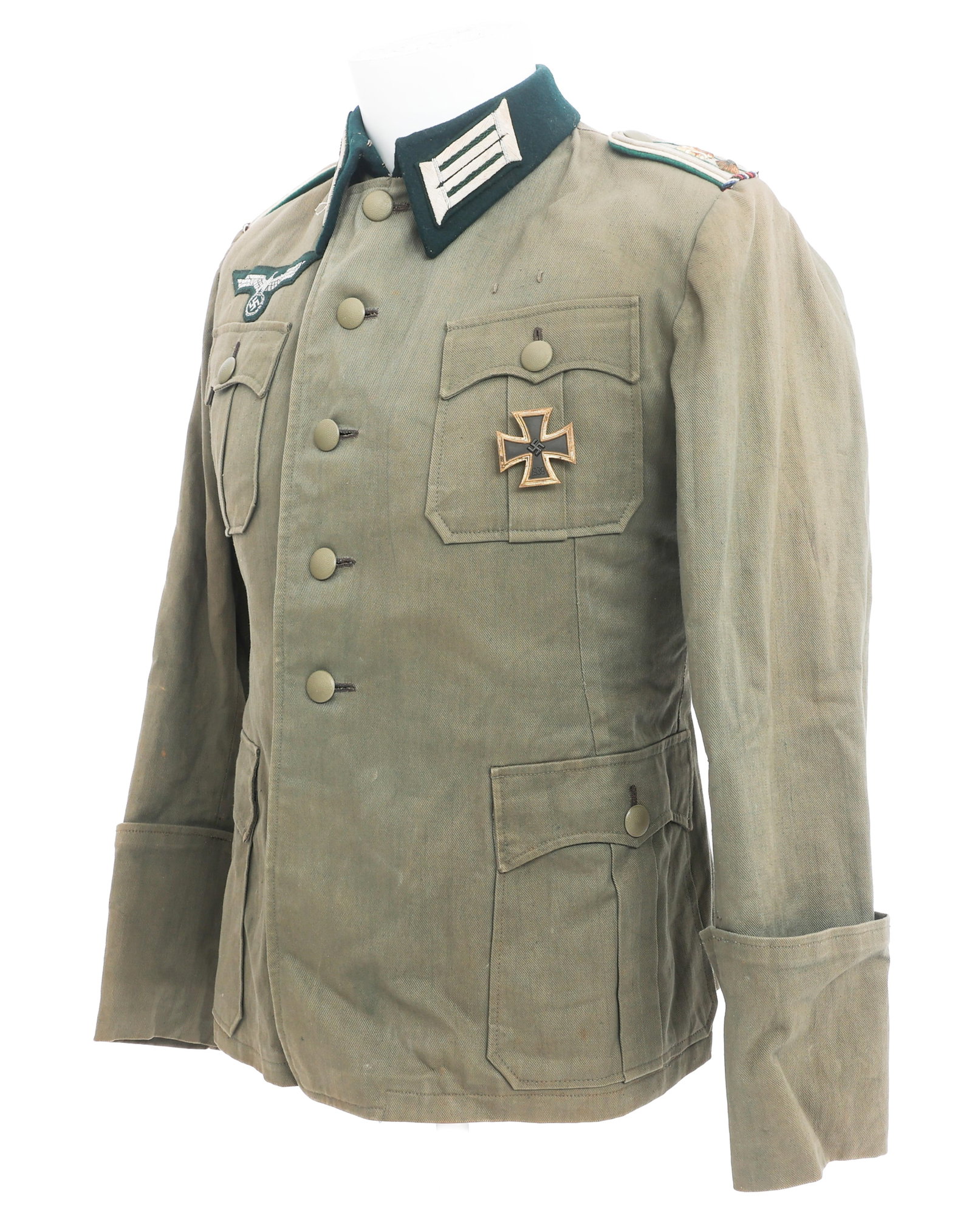 WWII GERMAN ARMY ADMINISTRATION OFFICER M36 TUNIC: WWII GERMAN ARMY ADMINISTRATION OFFICER M36 TUNIC WWII German Army Wehrmachtbremte Company Grade Officer Tunic. (1) M36 Tunic. Feldgrau cotton with dark green felt collar. No visible tag or markings. 