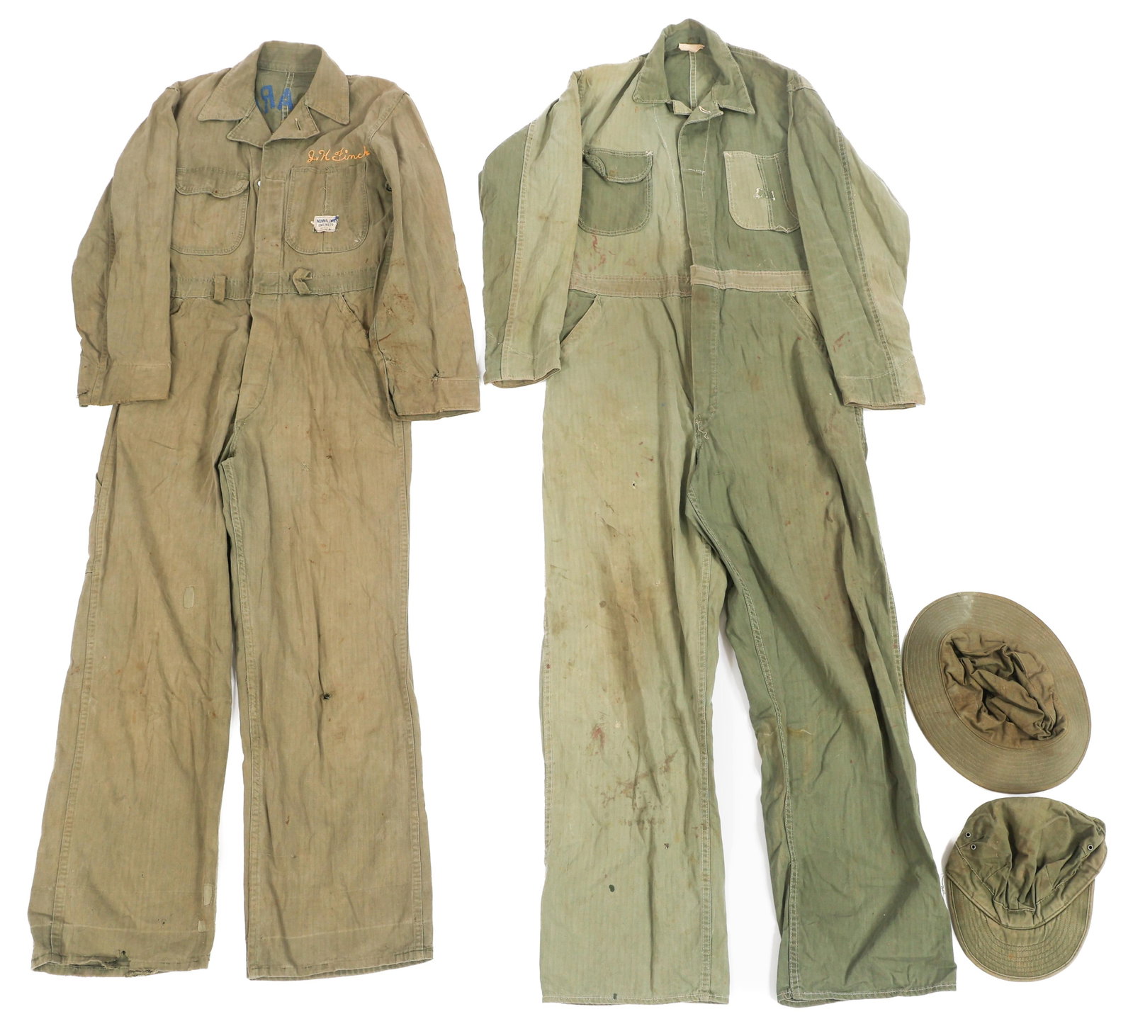 WWII US ARMY AIR FORCE HBT COVERALLS & HATS (1 of 12)
