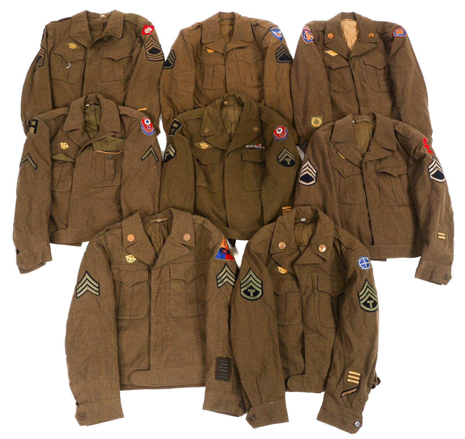 WWII US ARMY AIRBORNE & INFANTRY IKE JACKETS: WWII US ARMY AIRBORNE & INFANTRY IKE JACKETS (8) WWII US Army Airborne and Infantry OD Serge Wool Ike Jackets. Patches include 35th Infantry Division, 1st Armored Division, ADSEC, 32nd Infantry Divisi