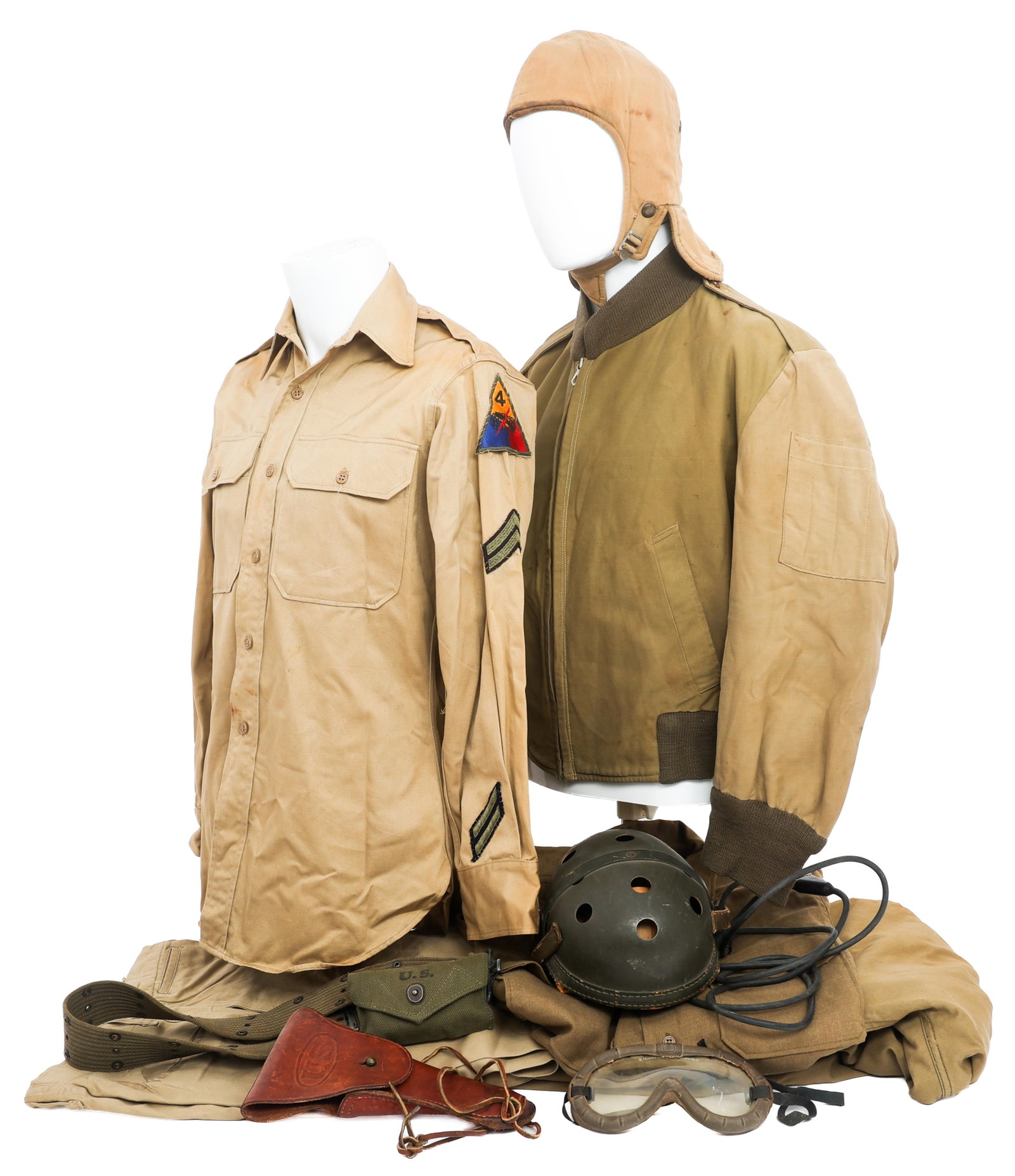 WWII US ARMY 4th ARMORED DIV TANKER UNIFORM SET: WWII US ARMY 4th ARMORED DIV TANKER UNIFORM SET WWII US Army 4th Armored Division Tanker Uniform Set. (1) M38 tanker helmet. Leather and plastic with leather 4 tongue liner. Includes headphones maker 