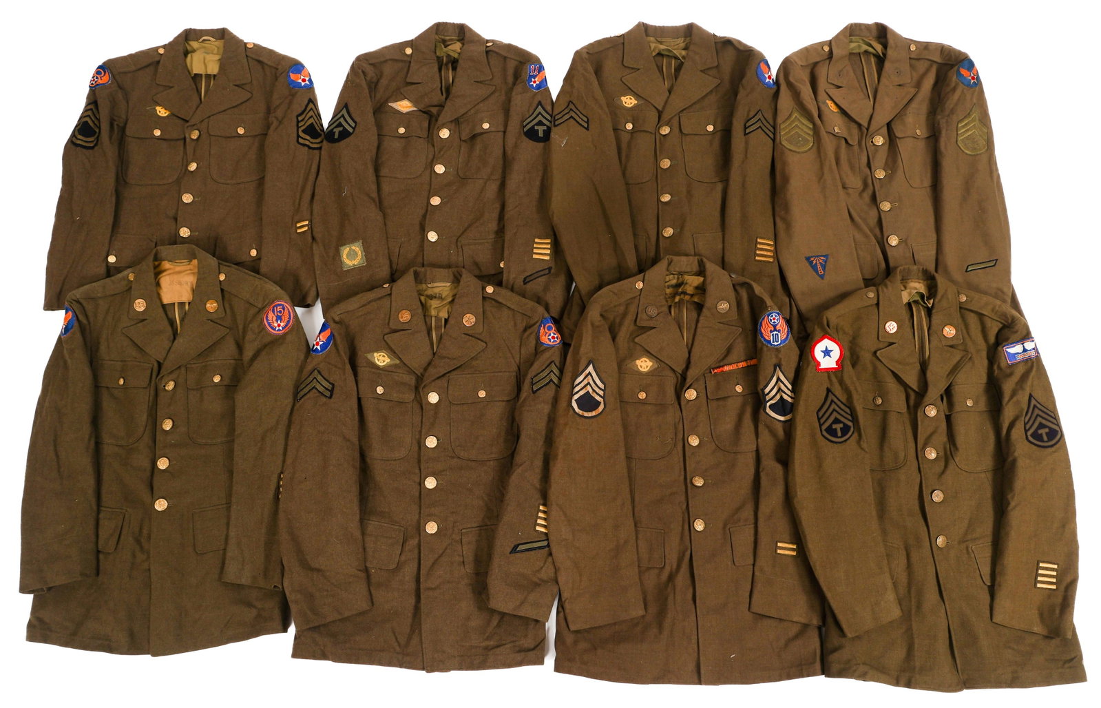 WWII US AAF EM/NCO SERVICE TUNICS: WWII US AAF EM/NCO SERVICE TUNICS WWII US Army Air Force Enlisted Man and NCO OG Wool Service Tunics. Patches include 10th Air Force, Mediterranean Allied Air Force, 8th Air Force, 15th Air Force and 
