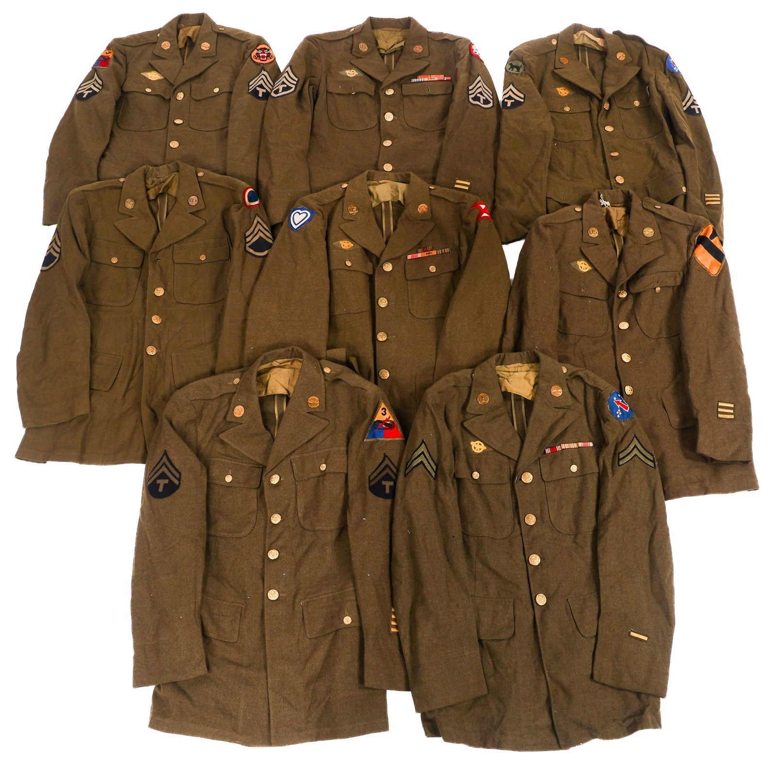 WWII US ARMY ARMOR & INFANTRY NCO SERVICE TUNICS: WWII US ARMY ARMOR & INFANTRY NCO SERVICE TUNICS WWII US Army Armored and Infantry NCO OD Serge Wool Service Tunics. Patches and collar insignia include: 1st Cavalry, 3rd Armored Division, tank hunter