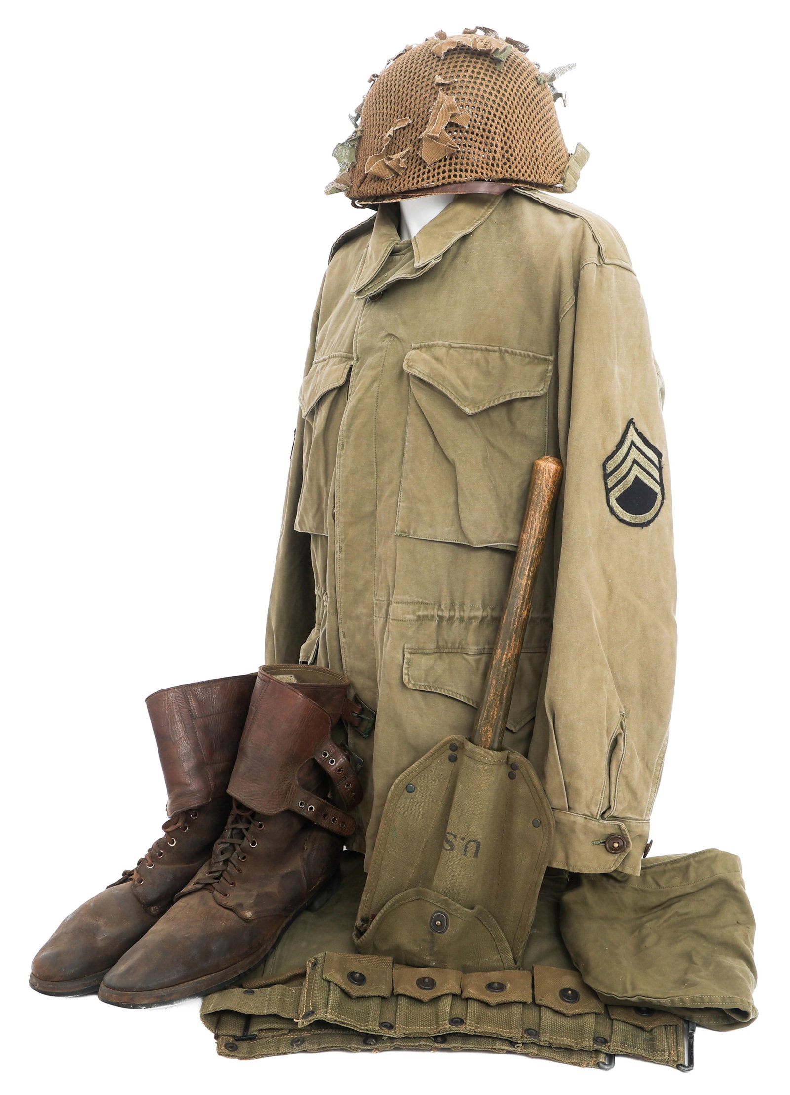 WWII US ARMY M1943 COMBAT UNIFORM SET & M1 HELMET: WWII US ARMY M1943 COMBAT UNIFORM SET & M1 HELMET WWII US Army M1943 Staff Sergeant Combat Uniform with Field Gear. Includes (1) M1 Combat Helmet with camouflage netting. Rear seam, swivel bale, Schlu