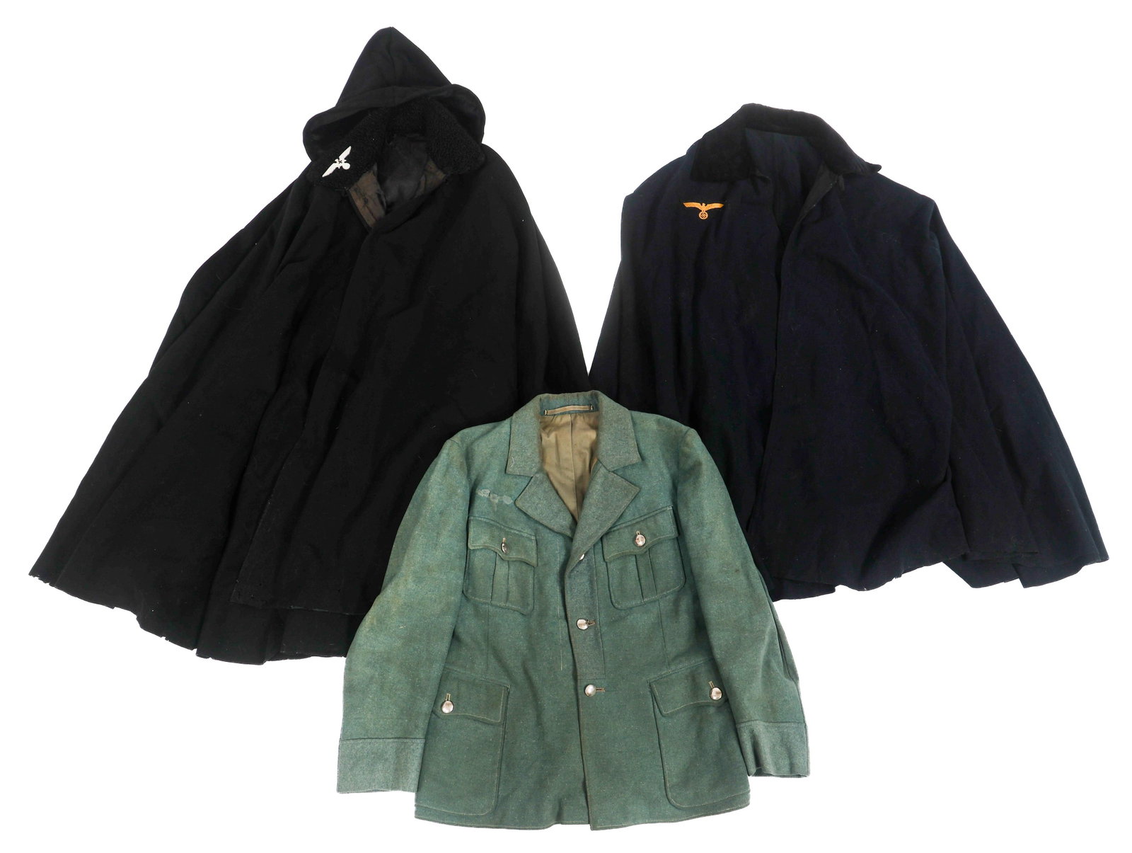 WWII GERMAN CAPES & SWEDISH TUNIC: WWII GERMAN CAPES & SWEDISH TUNIC WWII German NSRKB and Kreigsmarine Capes and Swedish Tunic. (1) Kyffhauserbund Cape. Black felt with plush collar. NSRKB and SS insignia. (1) Kreigsmarine Cape. Dark 