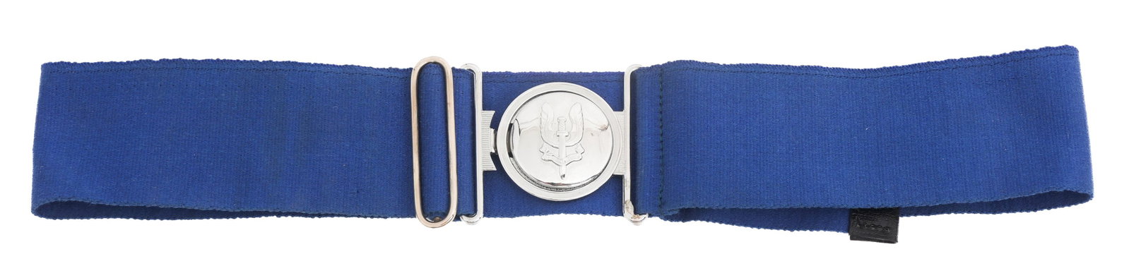 BUSH WAR RHODESIAN SAS NAMED SERVICE BELT: BUSH WAR RHODESIAN SAS NAMED SERVICE BELT Bush War Rhodesian Named Special Air Service Belt. Named to Duvenage 123656. Blue canvas with alloy belt buckle. Maker marked by Reuteler MFG. Size: 34 1/2"