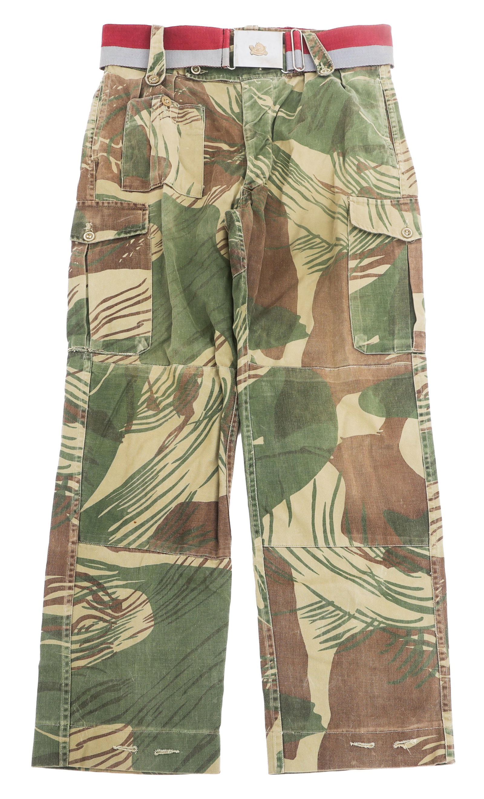 BUSH WAR RHODESIAN GREY'S SCOUTS TROUSERS: BUSH WAR RHODESIAN GREY'S SCOUTS TROUSERS Bush War Rhodesian Grey's Scouts Trousers with Belt. (1) Brushstroke Camouflage Trousers. Cloth with green buttons. Reinforced seat and knees. No visible