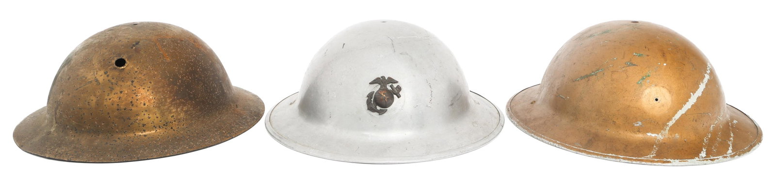 REFURBISHED WWII UK MkII COMBAT HELMETS: REFURBISHED WWII UK MkII COMBAT HELMETS Refurbished WWII UK MkII Combat Helmets. Repainted shells. One with EGA frontal insignia. Two are missing liner and chinstrap.