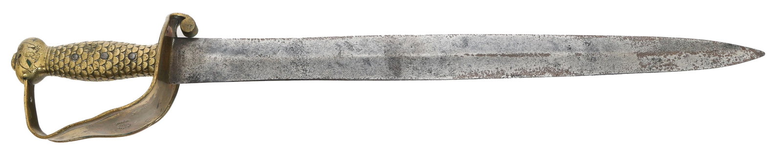 CIVIL WAR USN M1841 NAVAL CUTLASS by AMES: CIVIL WAR USN M1841 NAVAL CUTLASS by AMES Civil War USN M1841 Naval Cutlass. Double edged blade. Maker marked by Ames on the ricasso, dated 1843 on the reverse. Cast brass hilt with D guard and fish