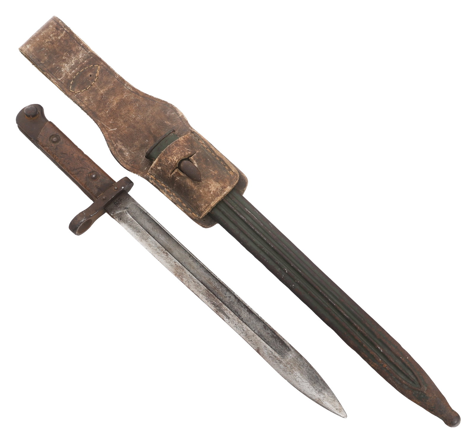 CZECH VZ-22 BAYONET WITH ITALIAN M1891 SCABBARD: CZECH VZ-22 BAYONET WITH ITALIAN M1891 SCABBARD Czech VZ-22 Bayonet. Single edged blade with fuller. Proof marks on the ricasso. Steel hilt with wood grips. Italian M1891 steel scabbard with leather f