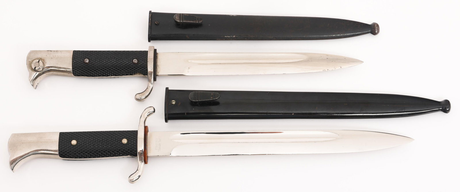 WWII GERMAN K98 DRESS & FIRE POLICE BAYONETS: WWII GERMAN K98 DRESS & FIRE POLICE BAYONETS WWII German Heer and Fire Police K98 Dress Bayonets. (1) K98. Single edged, bright blade. Maker marked by Klittermann & Moog on the ricasso. Leather buffer