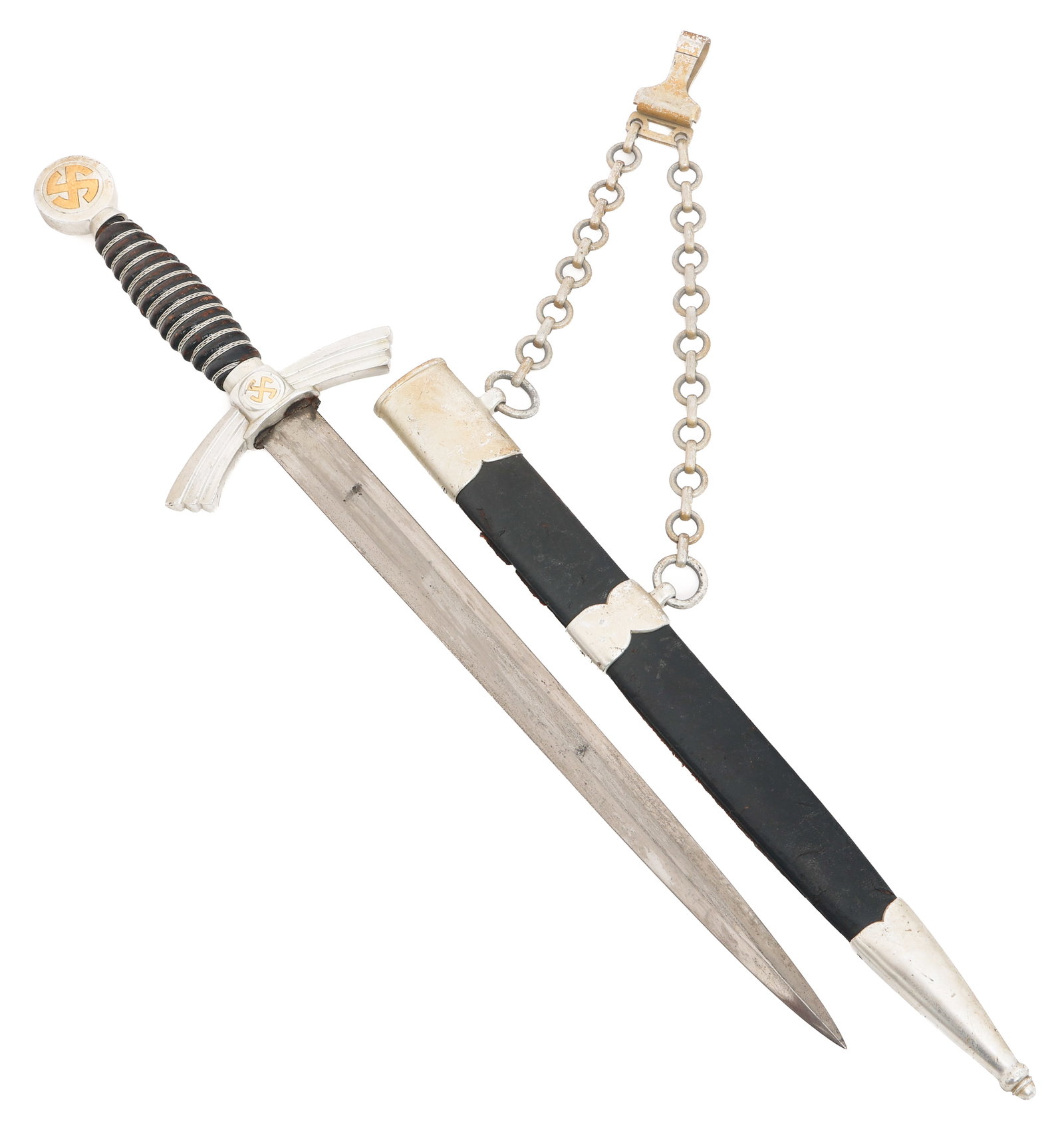 WWII GERMAN LUFTWAFFE 1st MODEL DRESS DAGGER: WWII GERMAN LUFTWAFFE 1st MODEL DRESS DAGGER WWII German Luftwaffe 1st Model Dress Dagger. Double edged, bright blade. Maker mark of E&F Horster etched on the ricasso. Partial blue pebbled leather buf