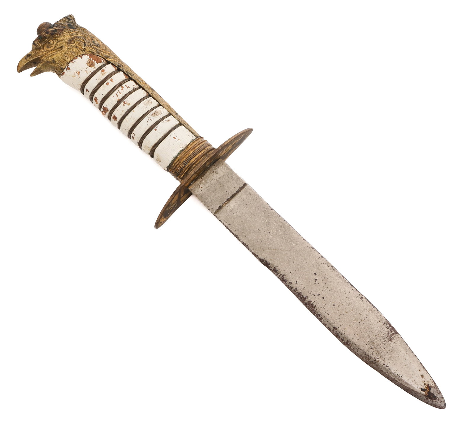 WWII ITALIAN FASCIST YOUTH KNIFE: WWII ITALIAN FASCIST YOUTH KNIFE WWII Italian Fascist Youth Knife. Double edged, bright blade. No visible marks. Brass hilt with eagle head pommel. White painted wood and twisted wire grip. No sheath.