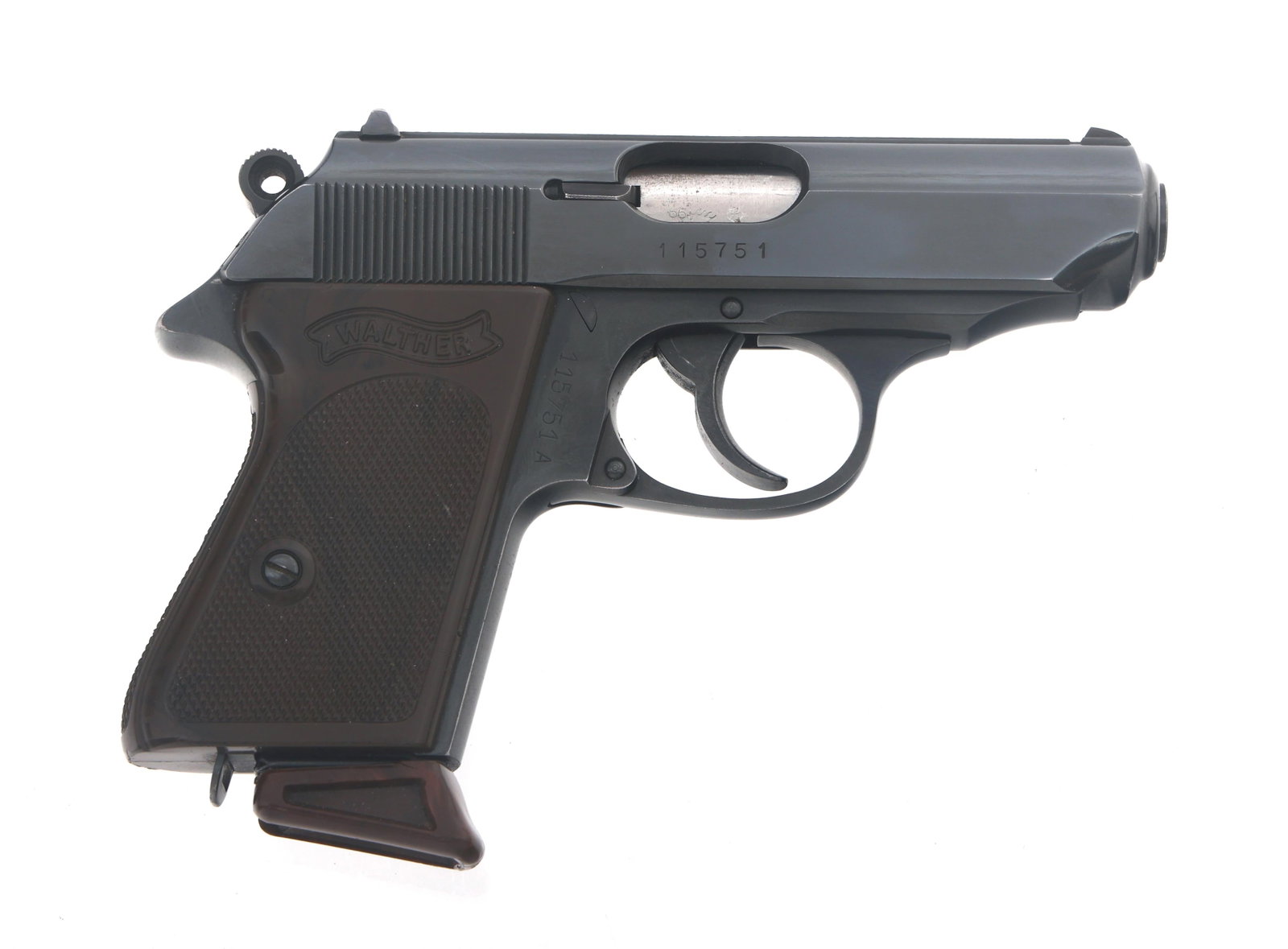 WALTHER MODEL PPK 9mm KURZ CALIBER PISTOL: WALTHER MODEL PPK 9mm KURZ CALIBER PISTOL 1966 Walther Model PPK 9mm Kurz caliber semi automatic pistol. Blued finish. Fixed sights. Checkered composite Walther grips. One magazine. Sneaky Pete leathe