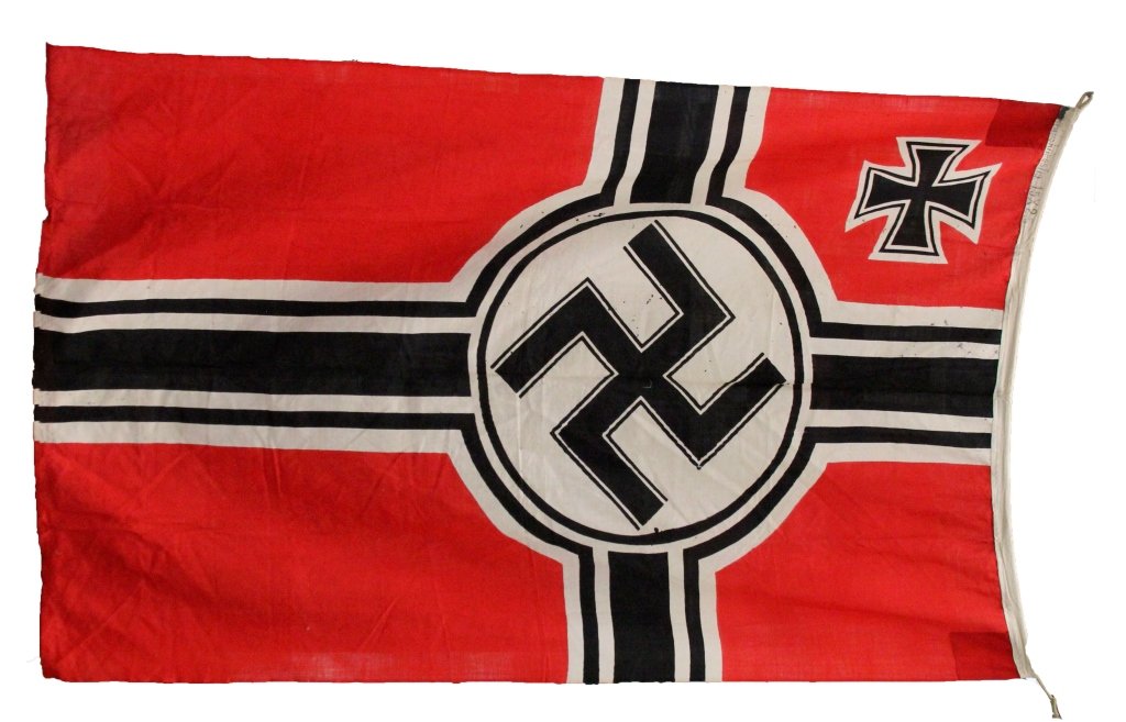 LARGE WWII GERMAN KRIEGSMARINE FLAG: LARGE WWII GERMAN KRIEGSMARINE FLAG 1.5 by 2.5 meter linen flag with rope still attached. Good condition with some holes. Est. 200 - 400