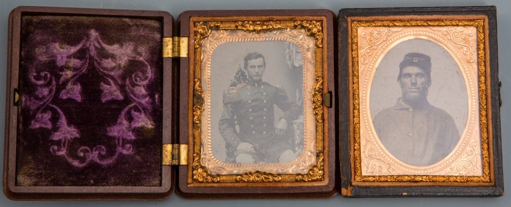 TWO CIVIL WAR 1/9 PLATE CASED AMBROTYPES: TWO CIVIL WAR 1/9 PLATE CASED AMBROTYPES 2.5 by 3 inch cased ambrotype of a Union officer. 2.5 by 3 inch half cased ambrotype of a Union soldier. Very good condition. Est. 200 - 300