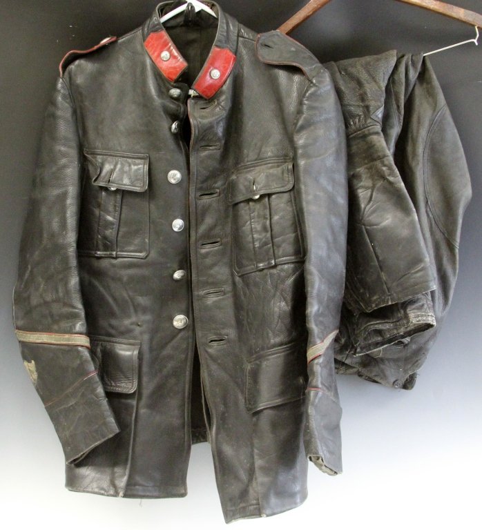 FRENCH GRENADIER LEATHER CAUVIN COAT & PANTS: FRENCH GRENADIER LEATHER CAUVIN COAT & PANTS Coat measures 16 inches at the collar, 19 inches long. Marcel Cauvin label. 36 inch pants stamped 1056. Good condition, coat missing one button. Est. 200 -