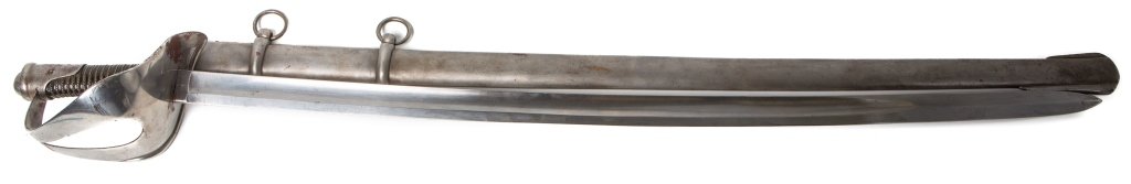S&K MODEL 1840 CAVALRY SABER: S&K MODEL 1840 CAVALRY SABER 35 inch curved fullered blade with S&K trade mark to reverse of ricasso and F.C to front. 7 inch hilt with wire wrapped leather over wood handle. 36.5 inch metal scabbard.