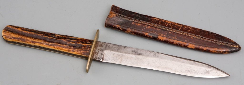 ENGLISH BOOT KNIFE BY JOSEPH ALLEN & SON NON XXL: ENGLISH BOOT KNIFE BY JOSEPH ALLEN & SON NON XXL 5.75 inch blade, 9.75 inches overall, 5.75 inch leather sheath. Good condition with some wear and sharpening. Est. 75 - 150