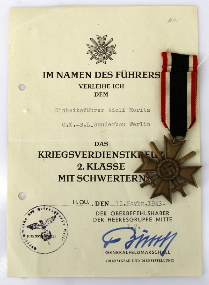 NAMED WWII GERMAN WAR MERIT CROSS WITH AWARD: NAMED WWII GERMAN WAR MERIT CROSS WITH AWARD War Merit Cross 2nd class with award citation to Adolf Moritz. Country: Germany