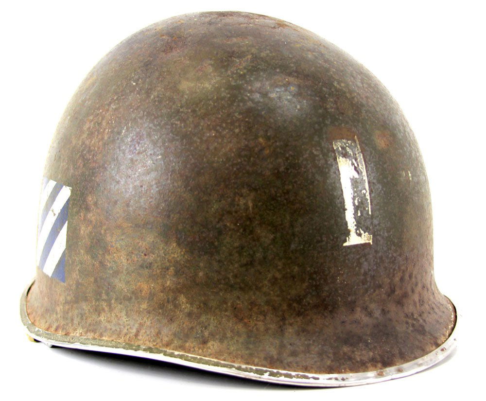 3rd INFANTRY FIXED BALE M1 HELMET LANDING PAINT: 3rd INFANTRY FIXED BALE M1 HELMET LANDING PAINT Front seam fixed bale helmet with single white bar to front and vertical with line to rear. Vietnam era Westinghouse liner. Both have name Guy Turner pa