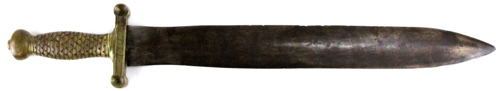 CONFEDERATE ARTILLERY SHORT SWORD: CONFEDERATE ARTILLERY SHORT SWORD 17.5 inch blade, 23 inches overall. Brass handle with 4 inch cross hand marked T. B. D. Light brown patina to handle, dark brown patina to blade. Country: CS