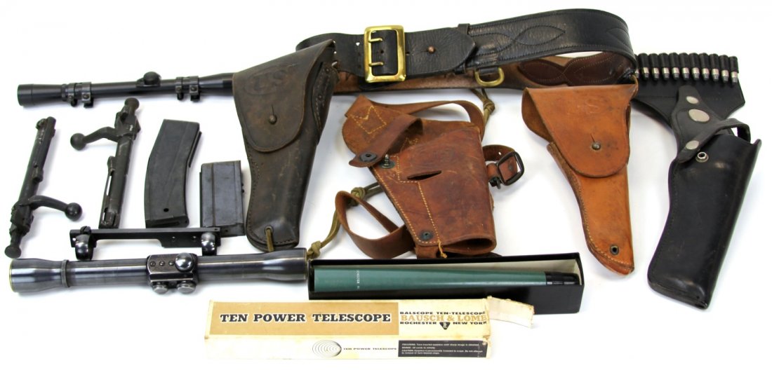 MIXED GROUPING HOLSTERS & GUN PARTS: MIXED GROUPING HOLSTERS & GUN PARTS Mixed grouping of holsters and gun parts, including Springfield 1903 bolts, Sears marked M1916 holster, pilots holster, Weaver scopes, and more.