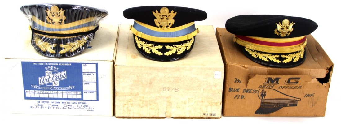 THREE US ARMY DRESS HATS 2 NAMED: THREE US ARMY DRESS HATS 2 NAMED Three US Army dress hats. One of the three is named t Lt Col. R. A. Ware, unit unspecified, and Lt. Col. William E. McMaster, 27th Armored Infantry Bttalion Assn, 9th 