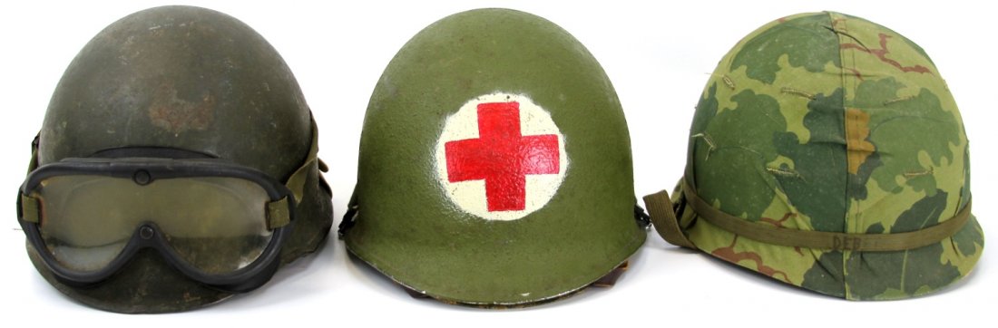 THREE US VIETNAM M1 HELMETS: THREE US VIETNAM M1 HELMETS Country: US Size: 11"