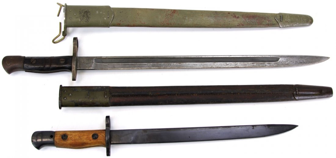 TWO ENFIELD BAYONETS WITH SCABBARDS: TWO ENFIELD BAYONETS WITH SCABBARDS NWR (North Western Railways) 43 dated Indian No4 mk2 Enfield bayonet with Mangrovite 142 scabbard; Remington 1913 dated Enfield bayonet with scabbard, and British m