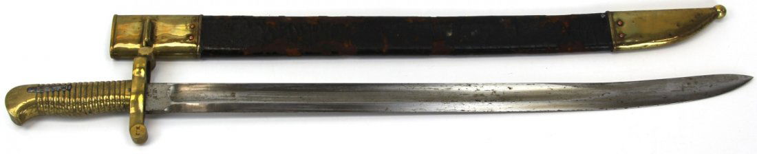 US MODEL 1862 ZOUAVE SWORD BAYONET NJ MARKED: US MODEL 1862 ZOUAVE SWORD BAYONET NJ MARKED US Model 1862 Zouave sword bayonet. Ricasso marked "NJ". 21 3/4 inch broad fuller blade, with brass hilt and quillon. Leather scabbard with brass throat an
