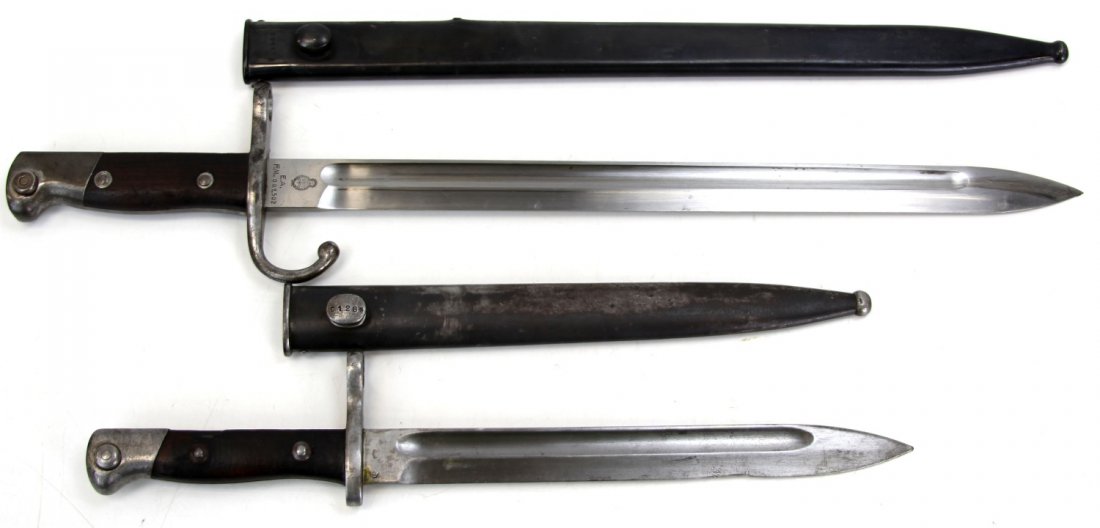 TWO MAUSER BAYONETS CHILE & ARGENTINA: TWO MAUSER BAYONETS CHILE & ARGENTINA Two South American Mauser bayonets. Chilean Model 1895, by Weyerberg Kirschbaum & Co, with Chilean crest and three rings on opposite side of ricasso, and Argentin