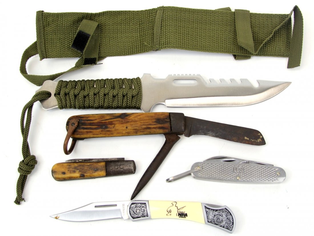 ASSORTMENT OF FIVE KNIVES: ASSORTMENT OF FIVE KNIVES Civil War marlinspike, CCC pocketknife, US pocketknife, NRA sponsor knife, and Bekizo survival knife.