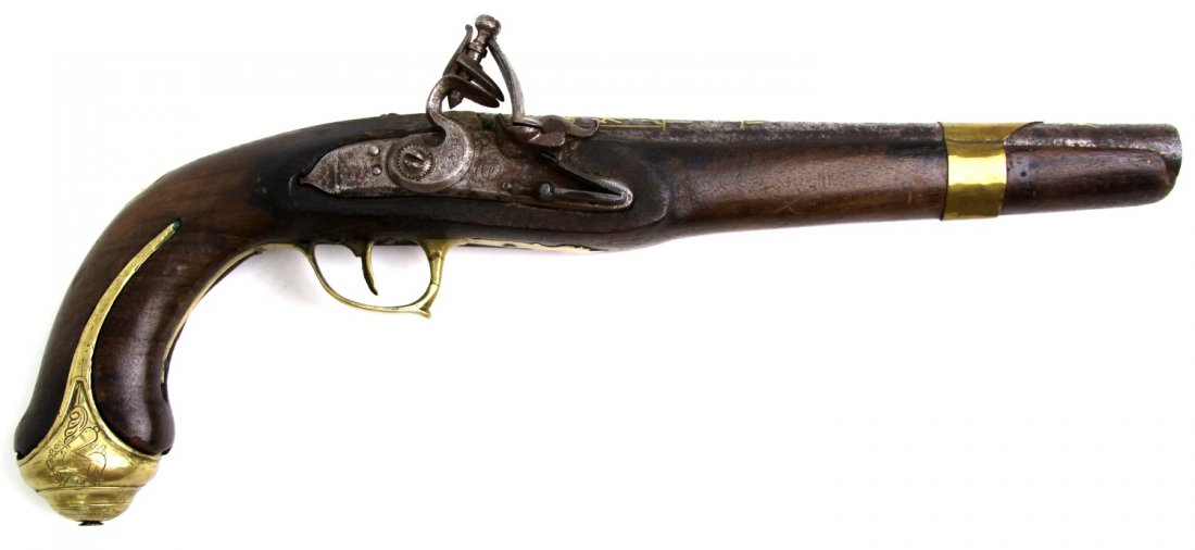 19TH CENTURY TURKISH FLINTLOCK PISTOL: 19TH CENTURY TURKISH FLINTLOCK PISTOL 19th Century Turkish flintlock pistol. Ornamental brass butt cap, trigger guard side plate, and barrel band. Gilded scroll motif on top of barrel. Bore measures a
