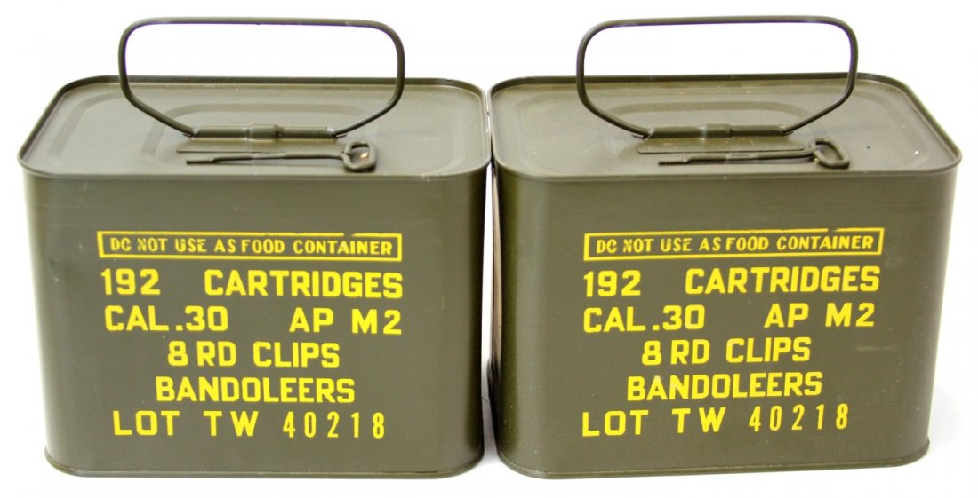 2 M-1 GARAND .30 CALIBER SPAM CANS SEALED: 2 M-1 GARAND .30 CALIBER SPAM CANS SEALED Two "Spam Cans" of .30-06 ammunition in 8 round clips, and bandoleers. 192 cartridges per can, sealed. Caliber / Guage: .30-06 Brand: US