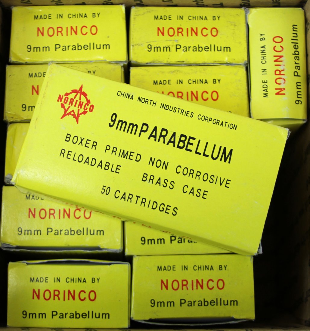 NORINCO 9MM AMMUNITION 550+ ROUNDS: NORINCO 9MM AMMUNITION 550+ ROUNDS Over 550 rounds of Norinco boxer primed non corrosive brass cased reloadable ammunition. 11 boxes of 50 ea, and one partial. Caliber / Guage: 9mm Brand: Norinco