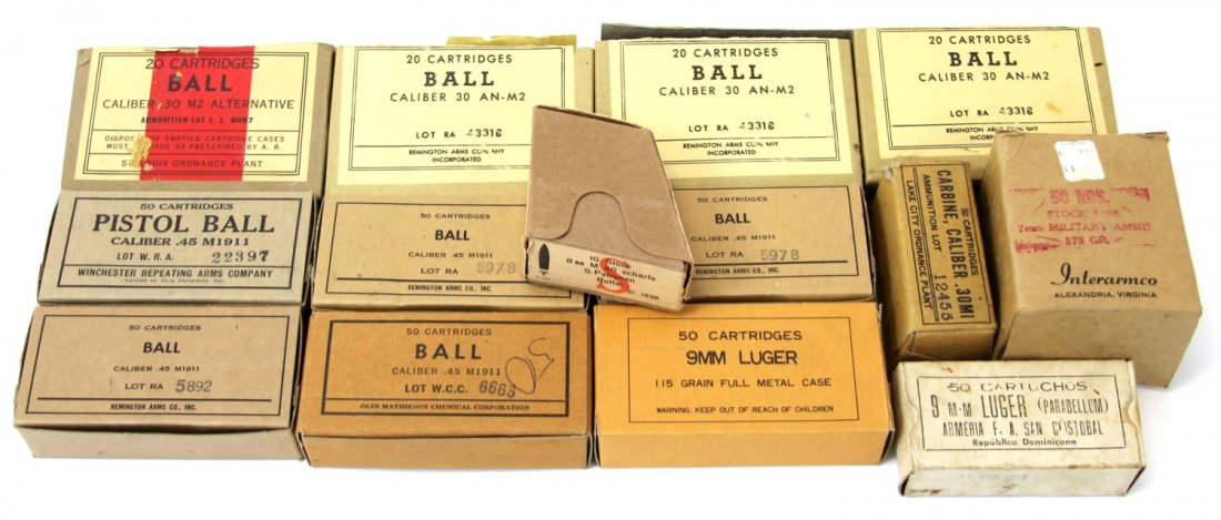 MIXED LOT OF VINTAGE MILITARY PACKAGED AMMUNITION: MIXED LOT OF VINTAGE MILITARY PACKAGED AMMUNITION Mixed lot of various ammunition in vintage mil-spec packaging. Calibers include .30-06, .30 carbine, 9mm, .45 ACP, 7mm Mauser, and 1 box WWII 8mm Maus